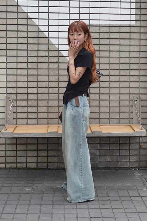 リネン混ハーフスリーブトップス